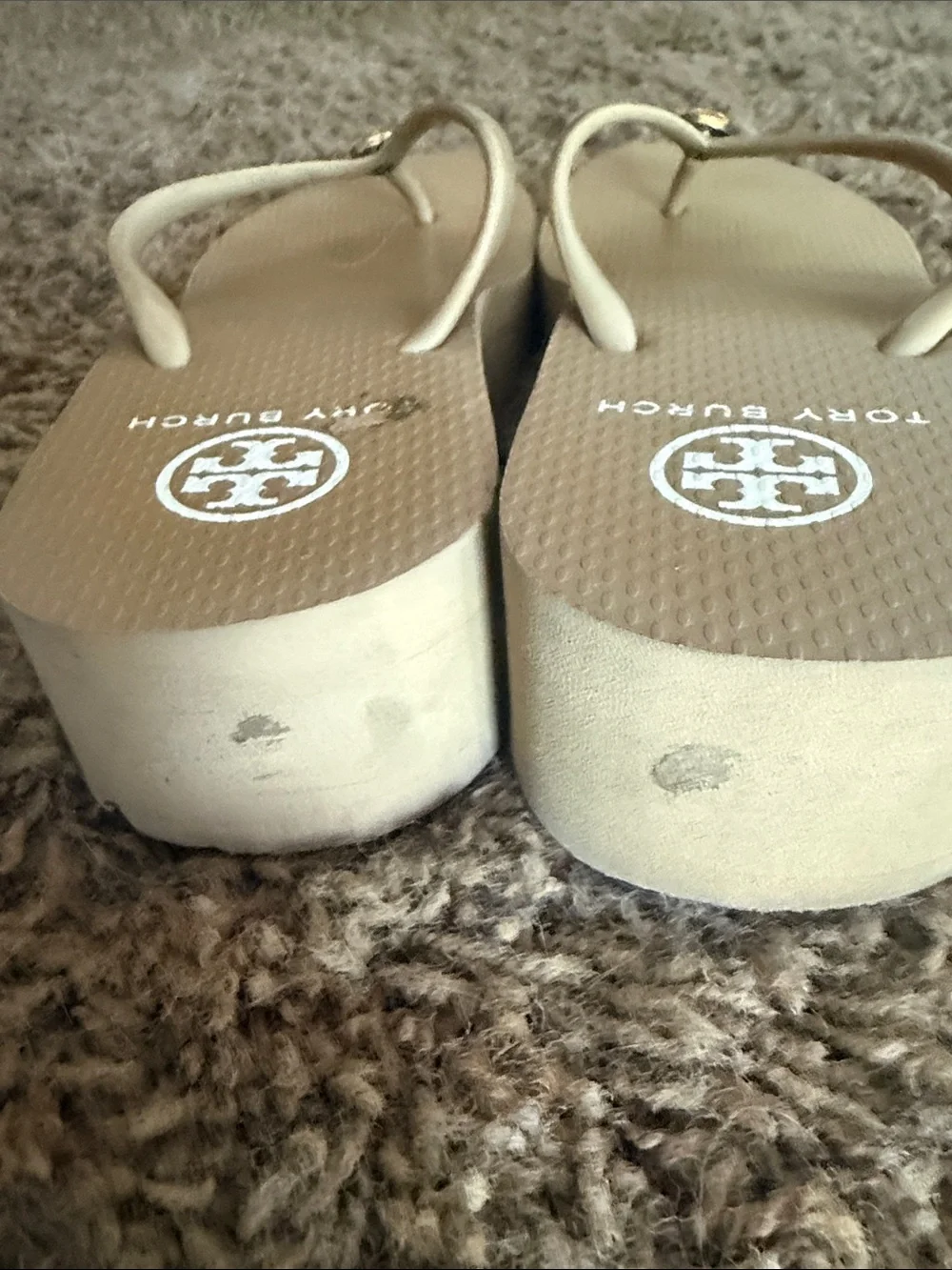 Tory Burch Beige/Tan Logo Thong Sandals with Gold Medallions